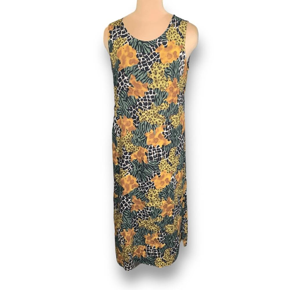 Vintage 90s Sleeveless Mixed Animal Print Maxi Dress Green Yellow Brown Large